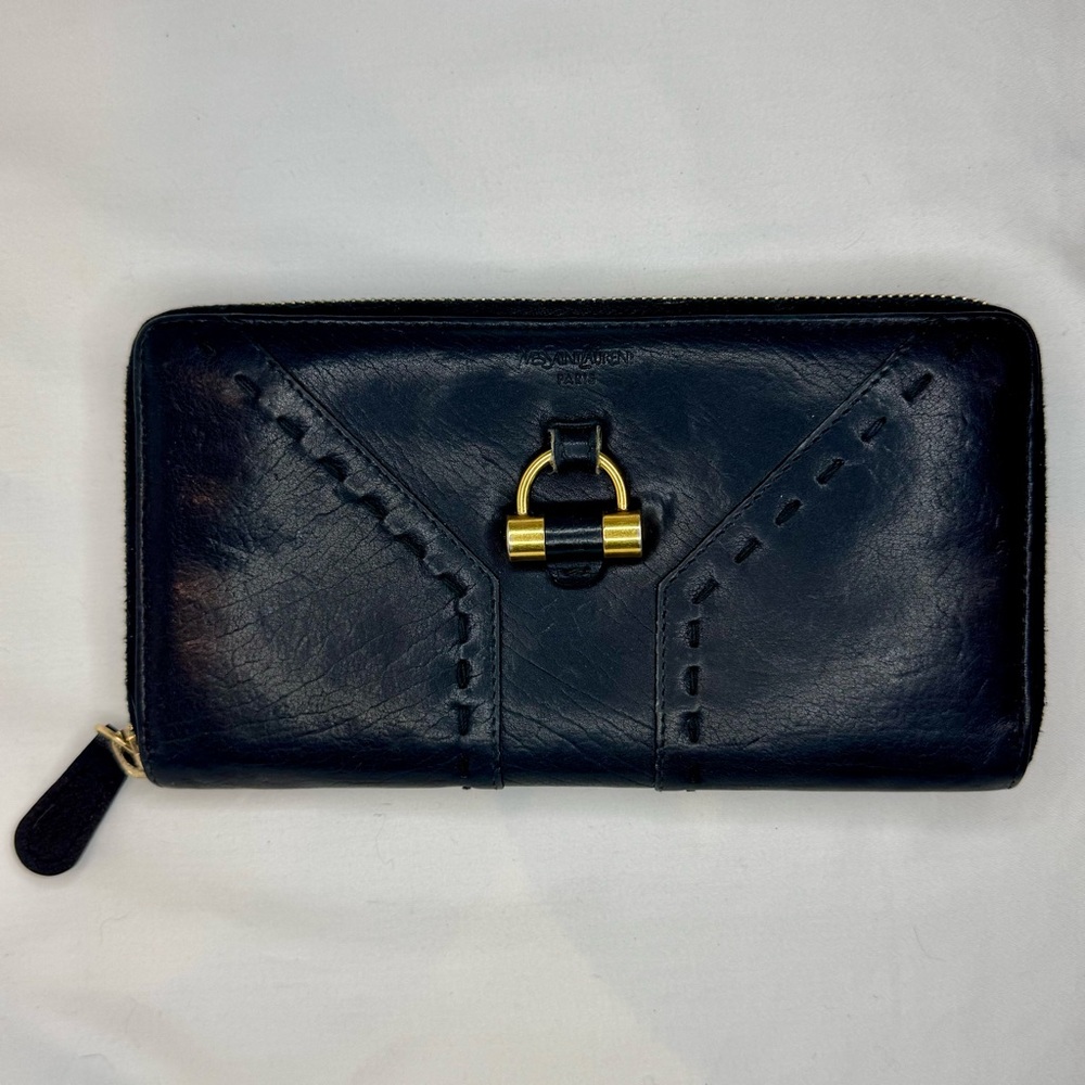 YSL - Yves Saint Laurent - Black Leather Long Zippy Wallet with Gold Hardware